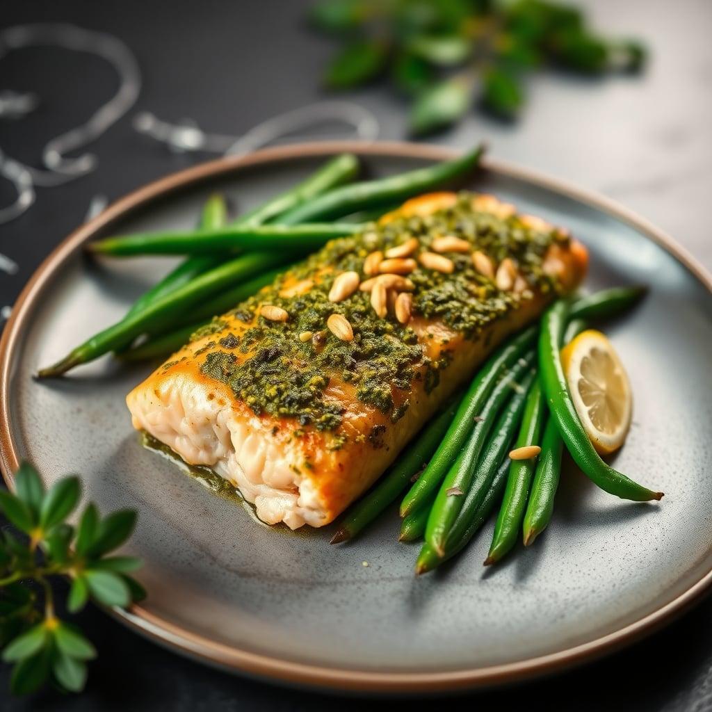 Baked Pesto Salmon with Garlic Green Beans