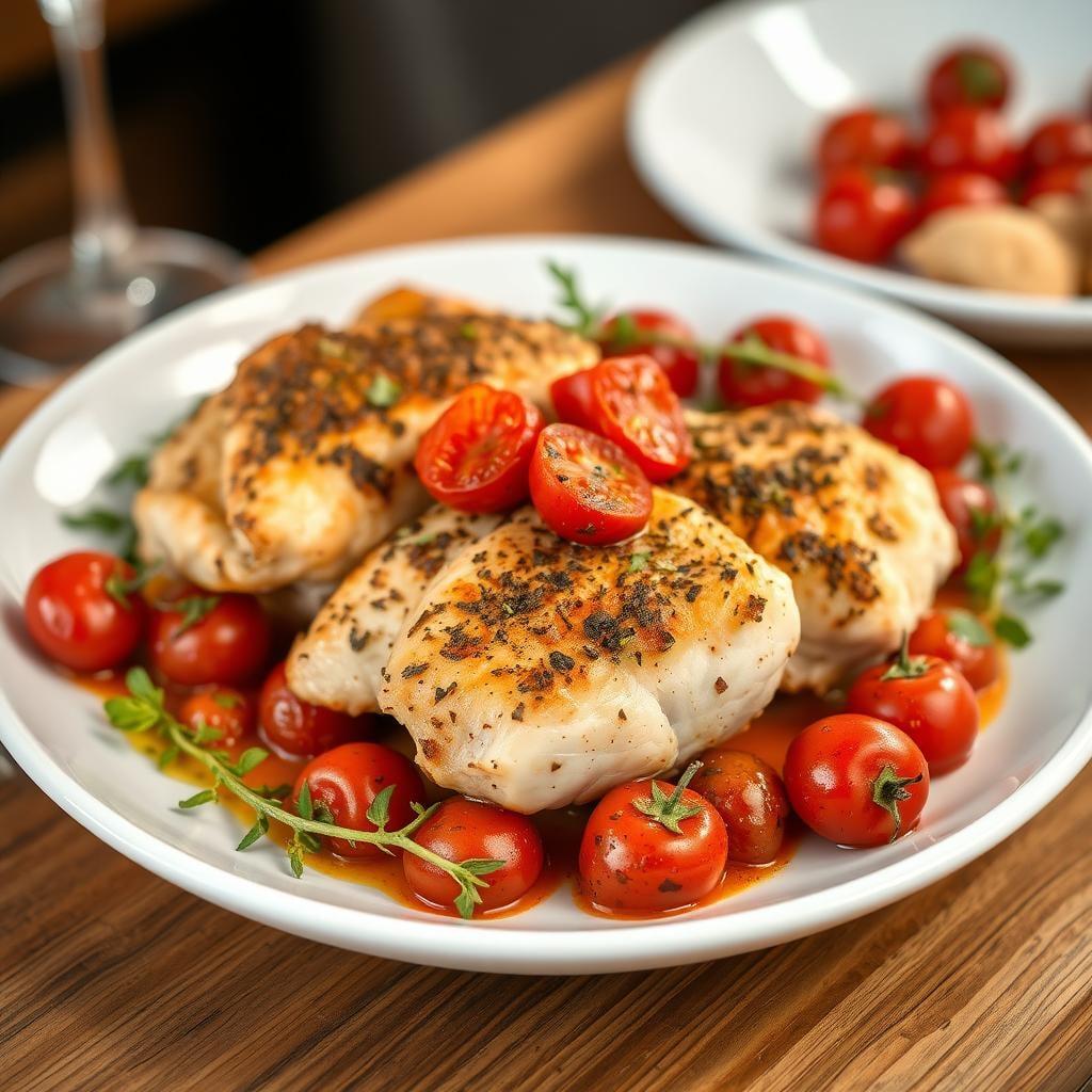 Mediterranean Herb-Crusted Chicken Thighs with Roasted Cherry Tomatoes Mediterranean Herb-Crusted Chicken Thighs with Roasted Cherry Tomatoes