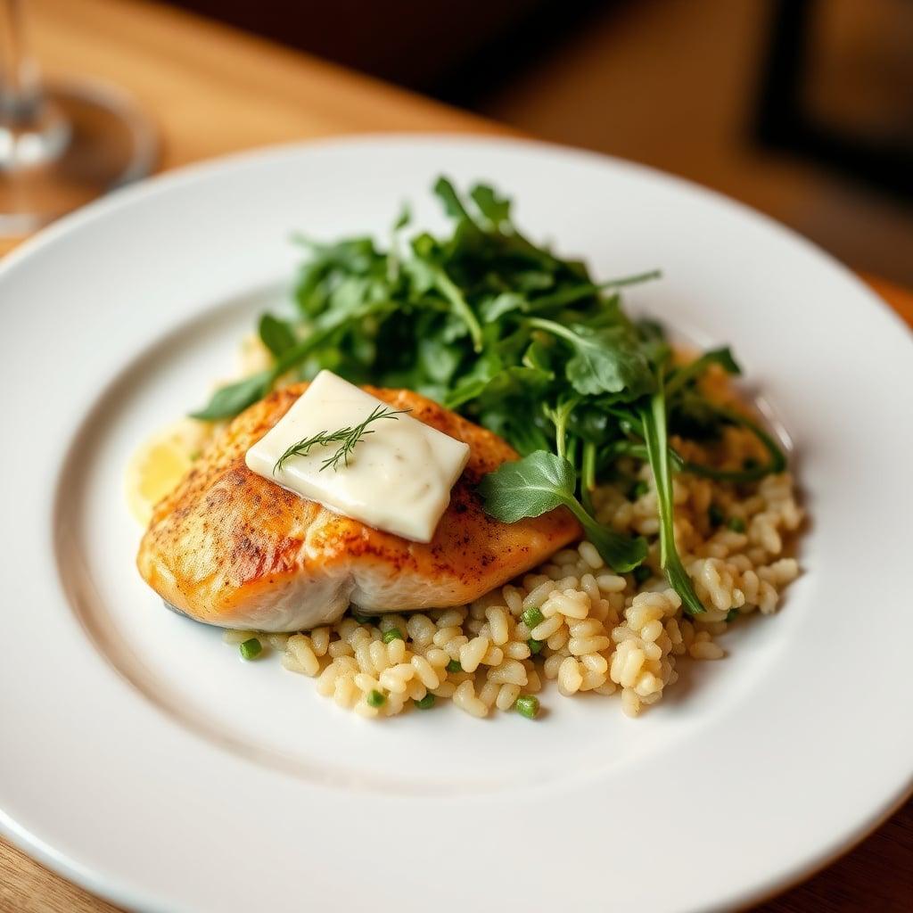 Pan-Seared Salmon with Chive-Dill Compound Butter, Lemon-Parsley Orzo, and Arugula-Spinach Salad