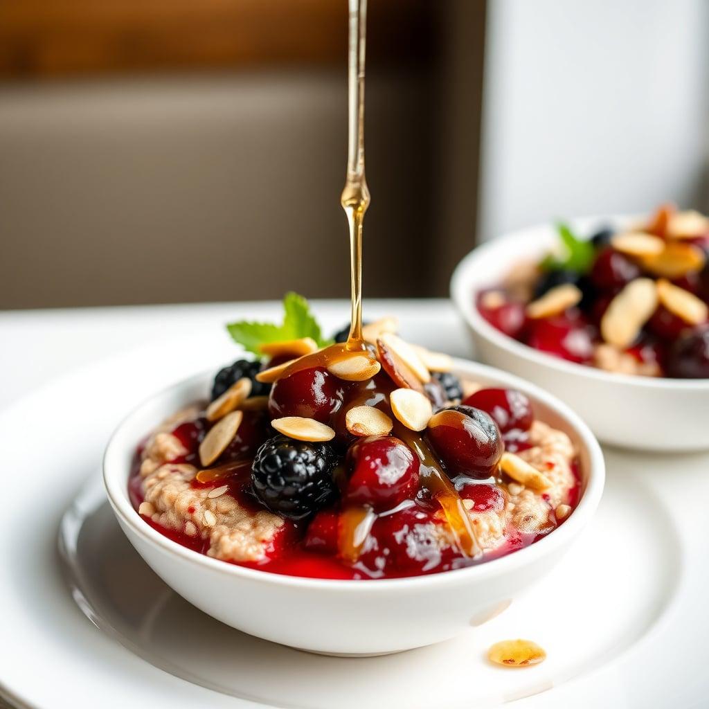 Berry Compote Oatmeal Bowls with Toasted Almonds and Honey Drizzle