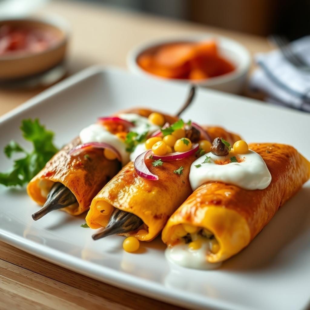 Roasted Poblano and Corn Enchiladas with Lime Crema Roasted Poblano and Corn Enchiladas with Lime Crema