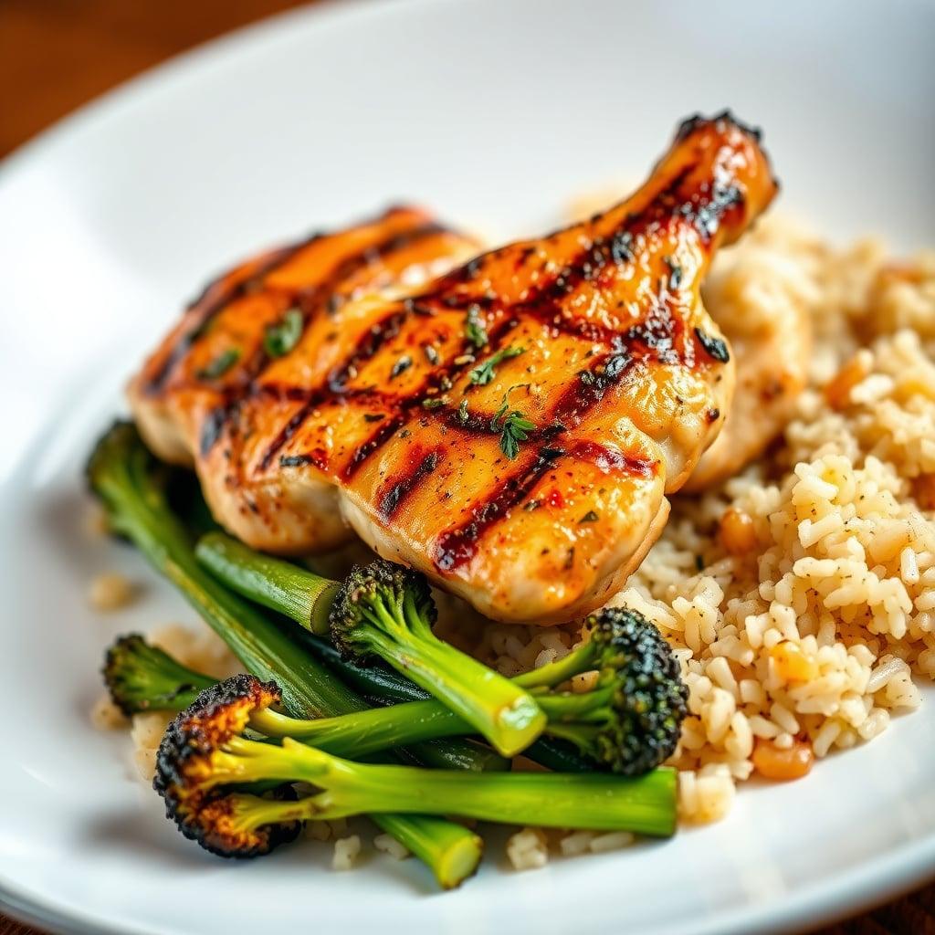 Lemon-Herb Grilled Chicken Thighs with Jasmine Rice Pilaf and Charred Broccoli Lemon-Herb Grilled Chicken Thighs with Jasmine Rice Pilaf and Charred Broccoli