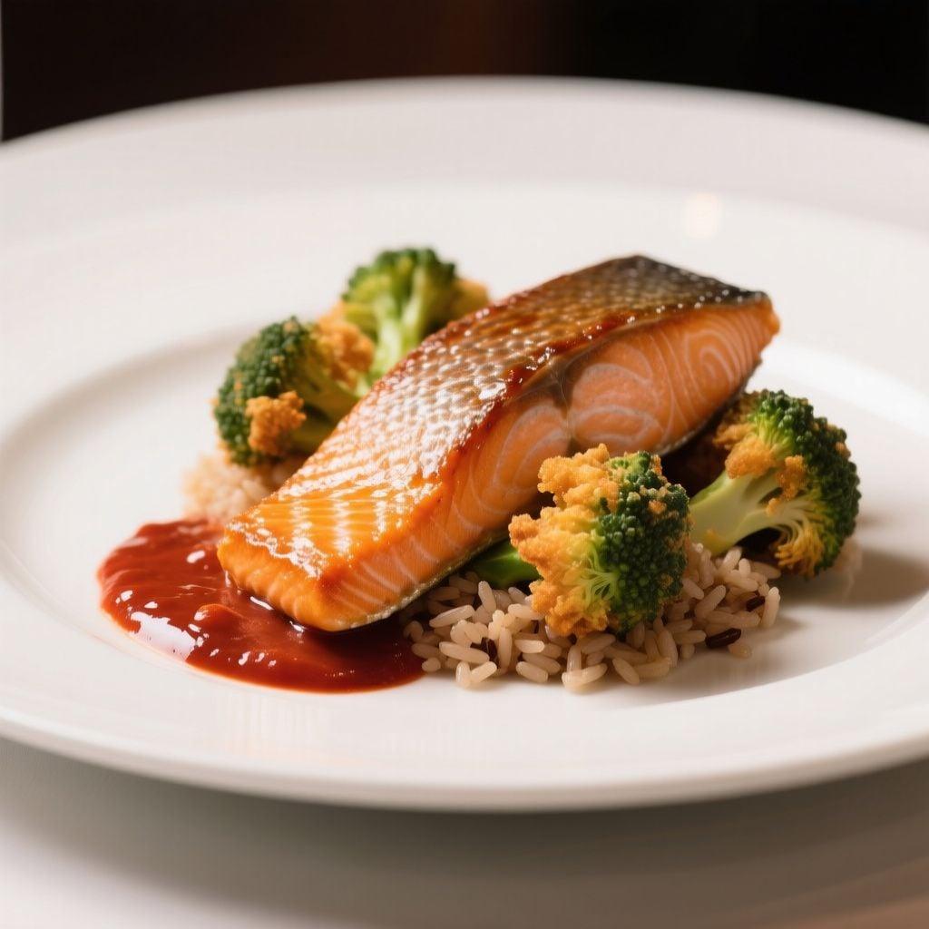 Gochujang-Glazed Salmon with Air-Fried Broccoli and Brown Rice Gochujang-Glazed Salmon with Air-Fried Broccoli and Brown Rice