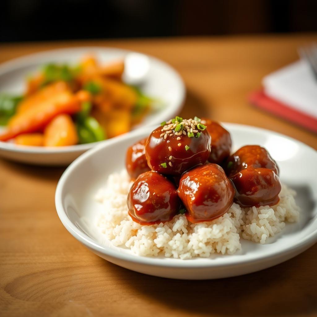 Korean-Style Gochujang Glazed Meatballs with Sesame Rice Korean-Style Gochujang Glazed Meatballs with Sesame Rice