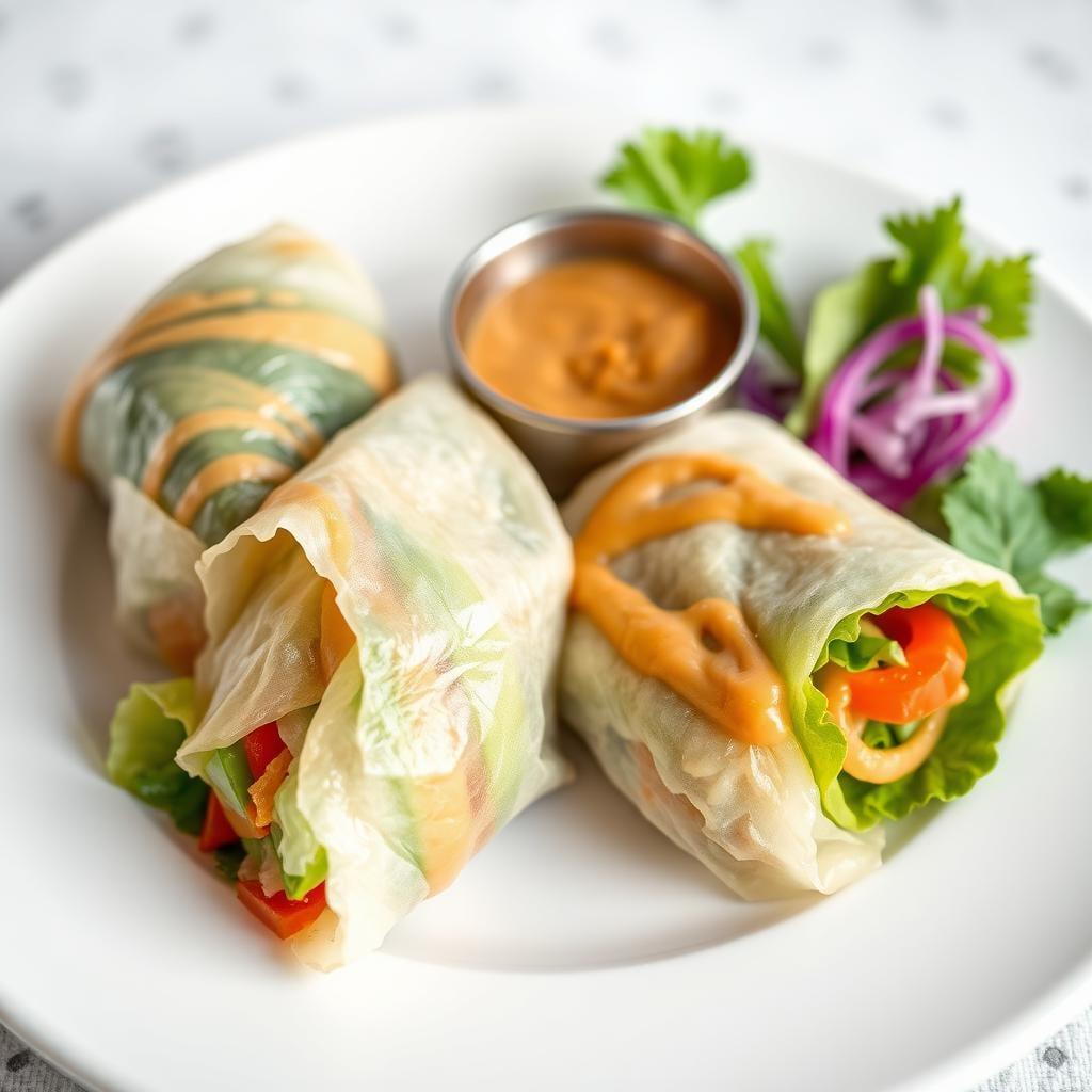 Asian-Inspired Rice Paper Veggie Rolls with Peanut Sauce