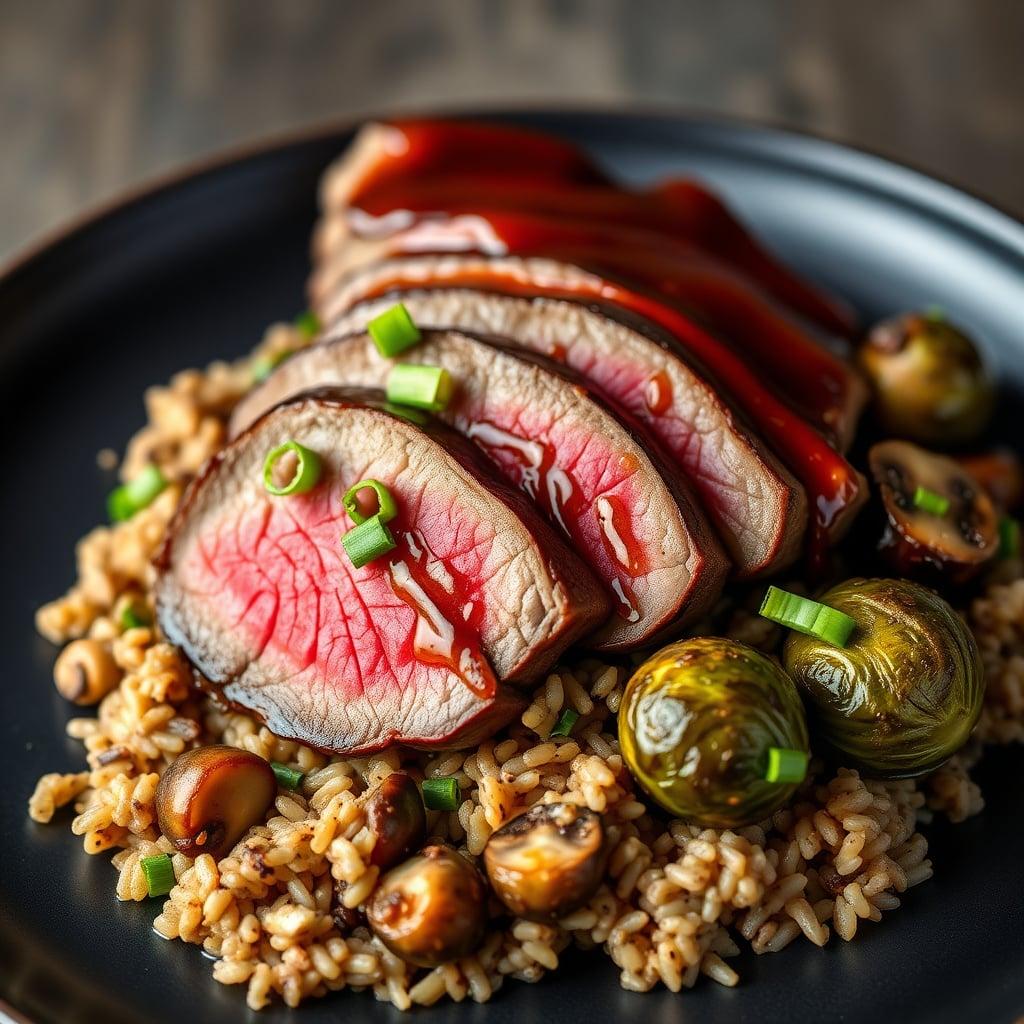 Honey-Garlic Glazed Flank Steak with Mushroom Wild Rice and Roasted Brussels Sprouts Honey-Garlic Glazed Flank Steak with Mushroom Wild Rice and Roasted Brussels Sprouts