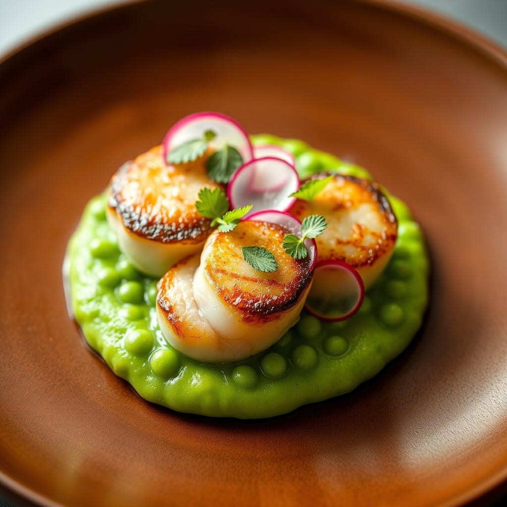 Pan-Seared Sea Scallops with Minted Pea Purée and Shaved Radish Salad Pan-Seared Sea Scallops with Minted Pea Purée and Shaved Radish Salad