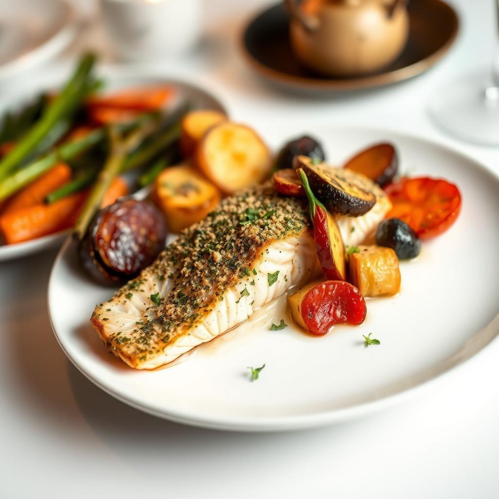 Herb-Crusted Baked Salmon with Roasted Seasonal Vegetables Herb-Crusted Baked Salmon with Roasted Seasonal Vegetables