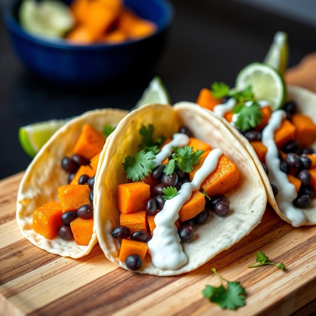 Black Bean and Sweet Potato Tacos with Lime Crema
