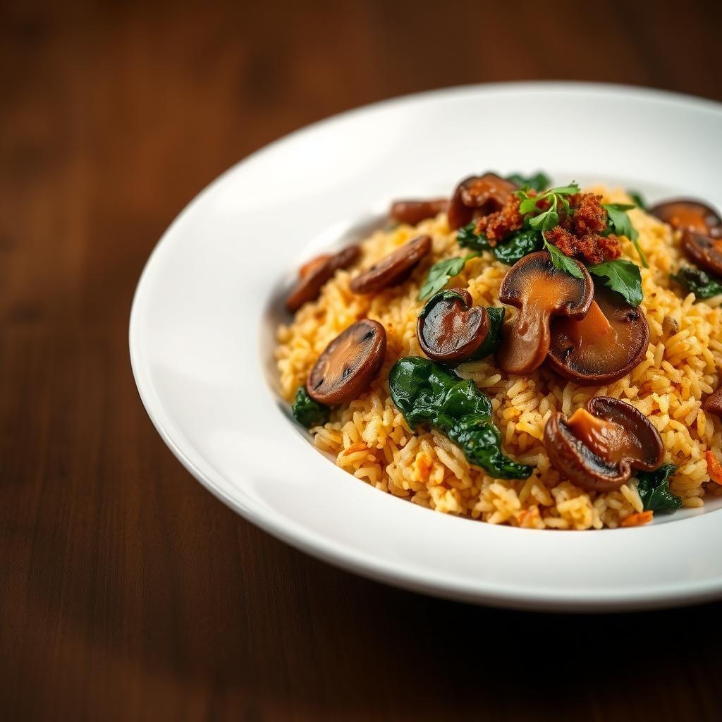 Spiced Mushroom Biryani with Crispy Spinach Spiced Mushroom Biryani with Crispy Spinach
