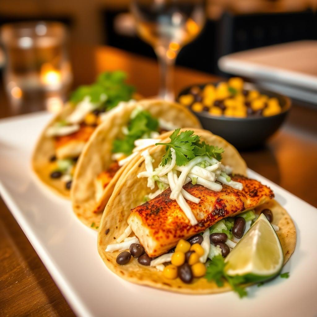 Blackened Mahi-Mahi Tacos with Cilantro-Lime Slaw and Black Bean Corn Salsa