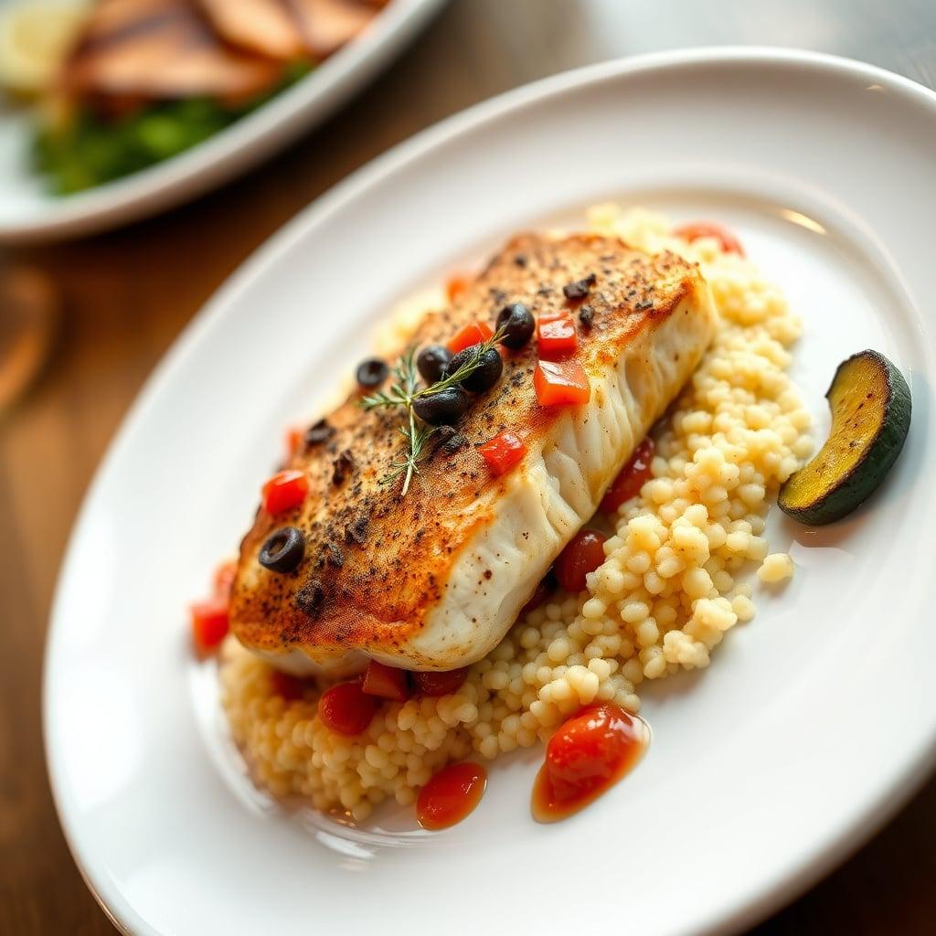 Baked Cod with Tomato-Olive Tapenade, Lemon Couscous, and Roasted Zucchini