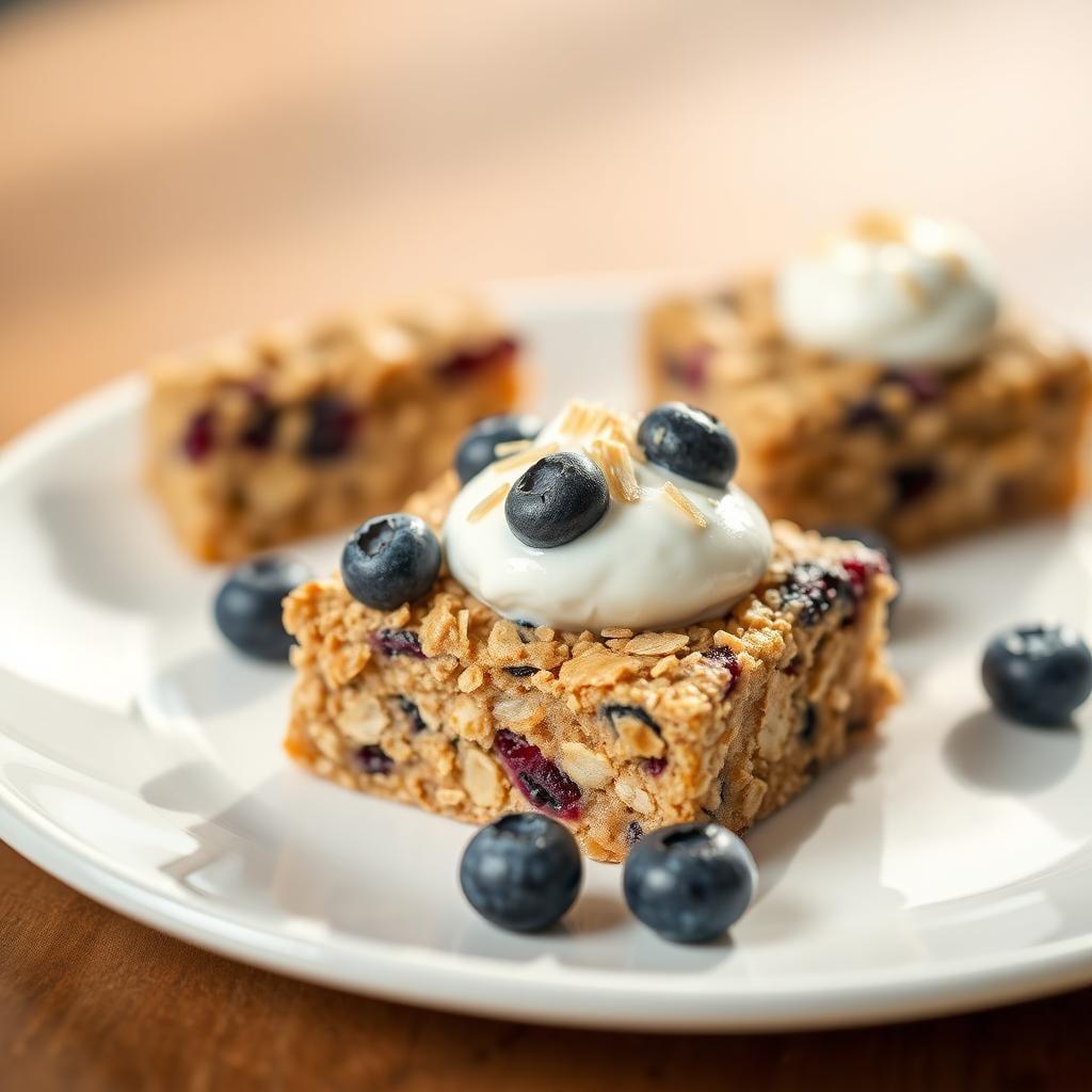 Blueberry Oatmeal Breakfast Bars with Yogurt Topping