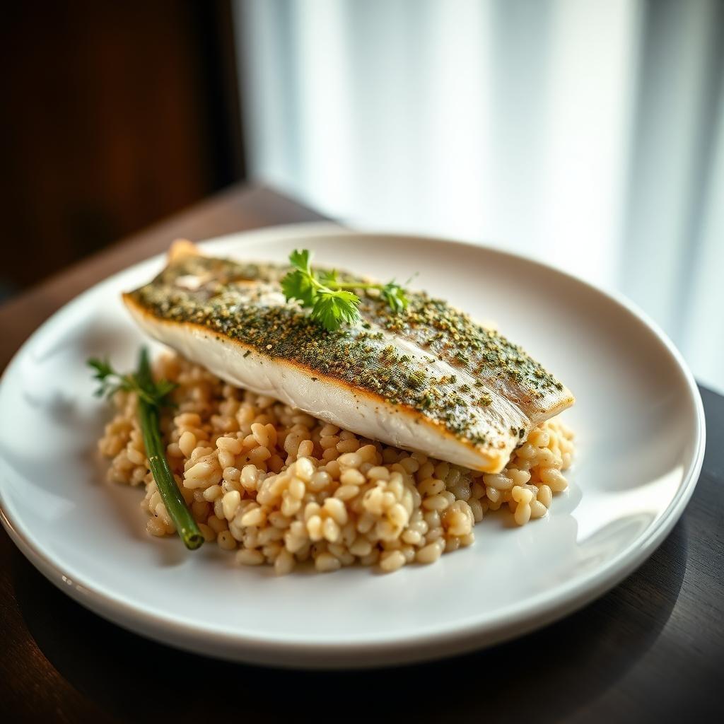 Herb-Crusted Trout with Pearl Barley Pilaf Herb-Crusted Trout with Pearl Barley Pilaf