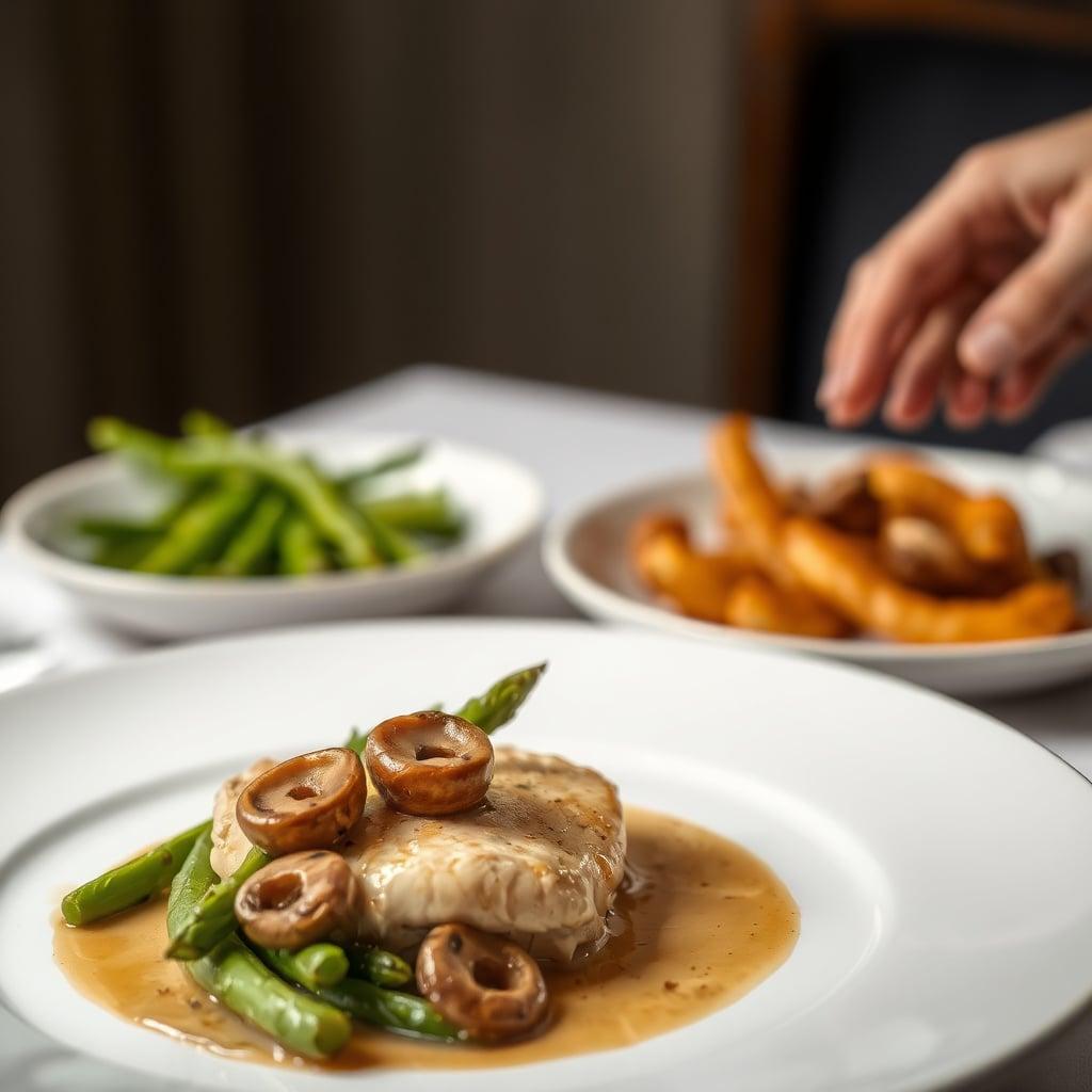 Chicken Breast Chasseur with Cognac-Mushroom Pan Sauce, Herb-Butter Haricots Verts, and Crispy Garlic Pommes Sarladaises
