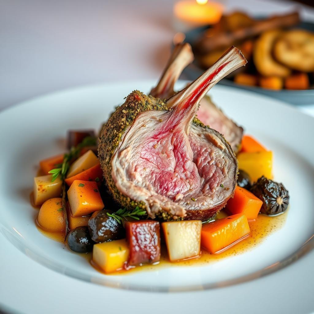 Herb-Crusted Rack of Lamb with Roasted Vegetable Medley Herb-Crusted Rack of Lamb with Roasted Vegetable Medley