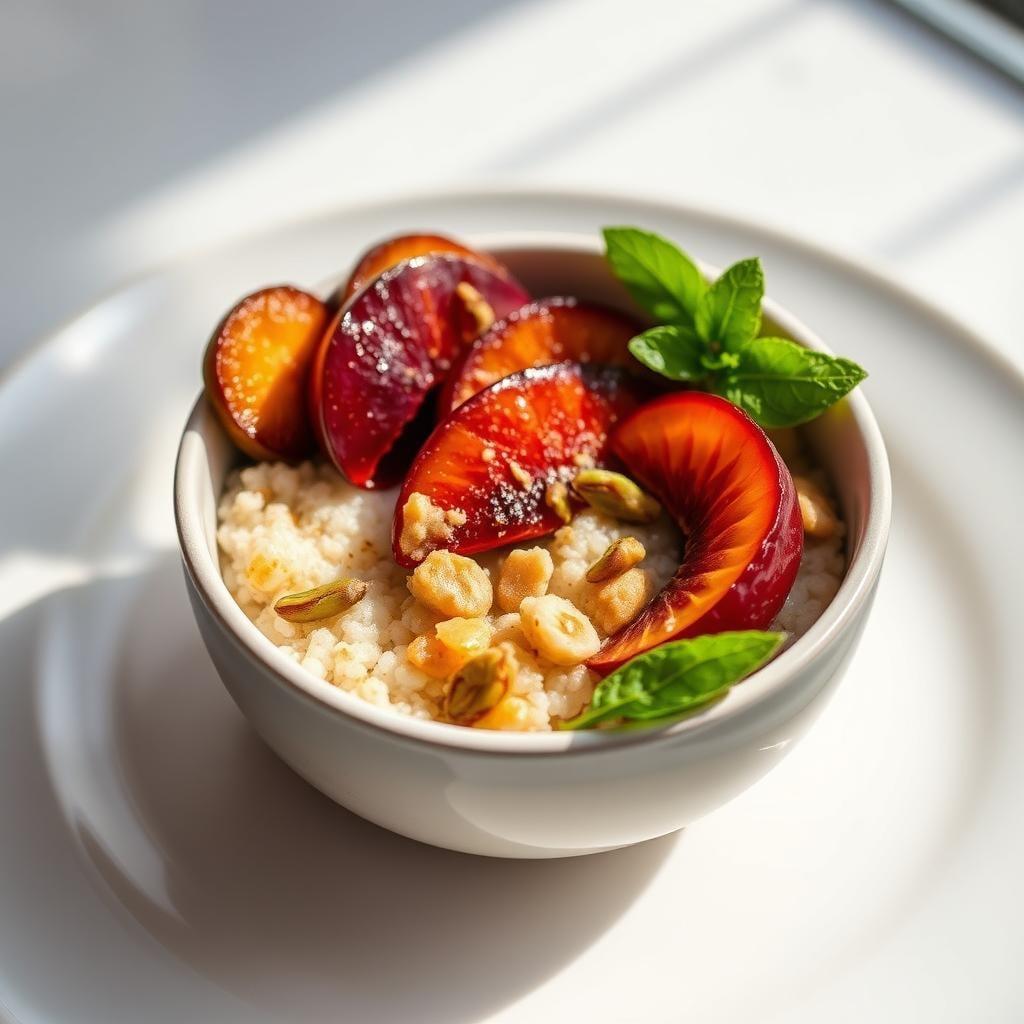 Cardamom-Spiced Quinoa Breakfast Bowl with Honey-Roasted Plums and Pistachio Crumble