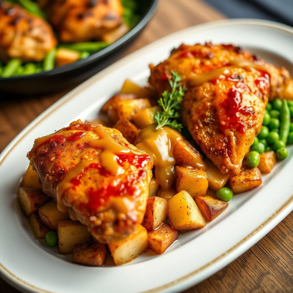 Honey Mustard Baked Chicken Thighs with Roasted Potatoes and Buttered Peas Honey Mustard Baked Chicken Thighs with Roasted Potatoes and Buttered Peas