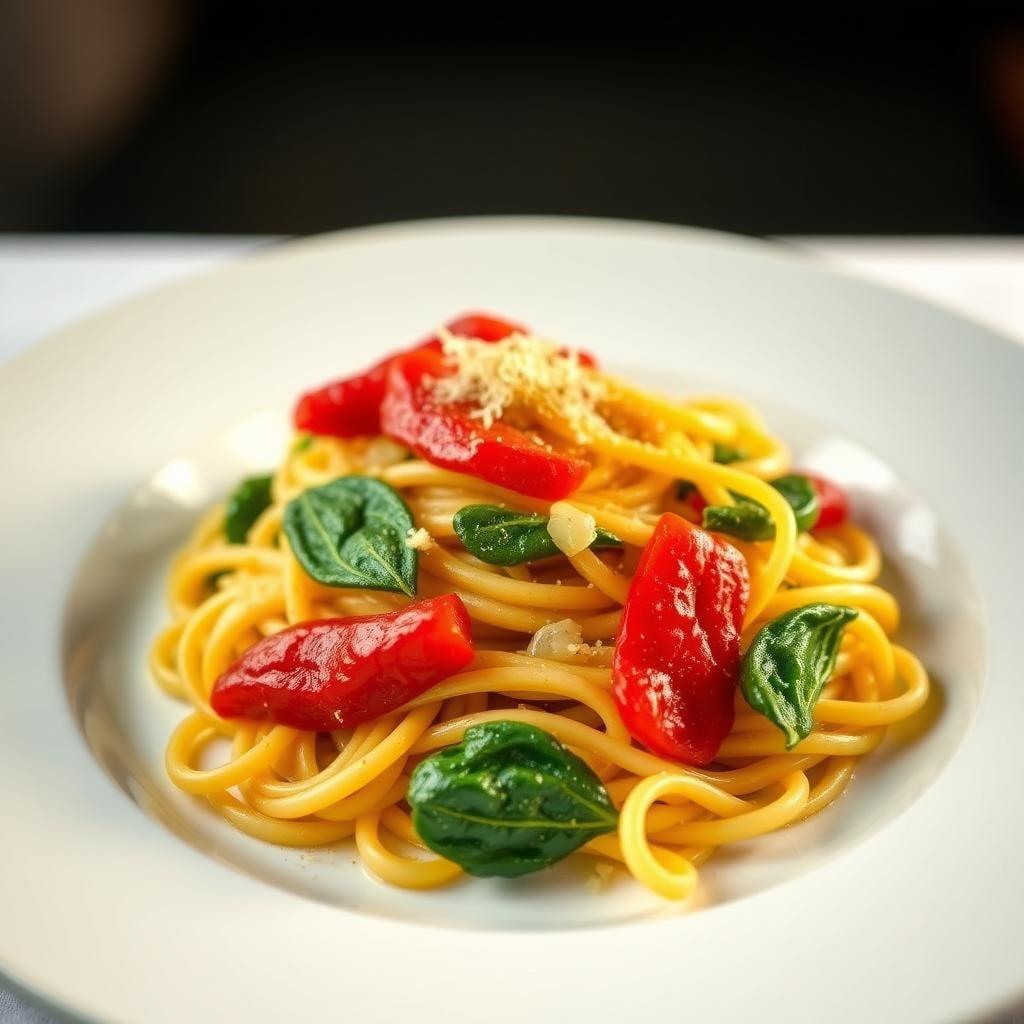 Roasted Red Pepper & Spinach Pasta with Garlic White Wine Sauce Roasted Red Pepper & Spinach Pasta with Garlic White Wine Sauce