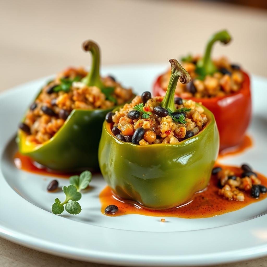 Stuffed Bell Peppers with Quinoa, Black Beans and Chipotle Lime Sauce Stuffed Bell Peppers with Quinoa, Black Beans and Chipotle Lime Sauce