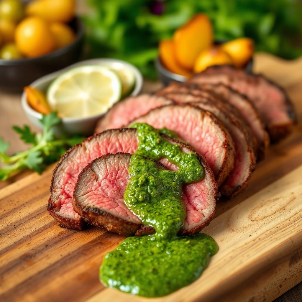 Spice-Rubbed Sirloin Roast with Chimichurri, Crispy Baby Potatoes and Lime-Dressed Greens Spice-Rubbed Sirloin Roast with Chimichurri, Crispy Baby Potatoes and Lime-Dressed Greens