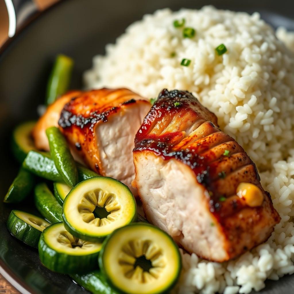 Pan-Seared Coriander Pork Loin with White Rice and Zucchini Pan-Seared Coriander Pork Loin with White Rice and Zucchini