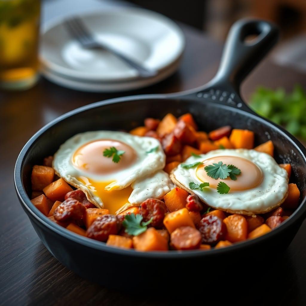 Chorizo and Sweet Potato Breakfast Hash with Over-Easy Eggs