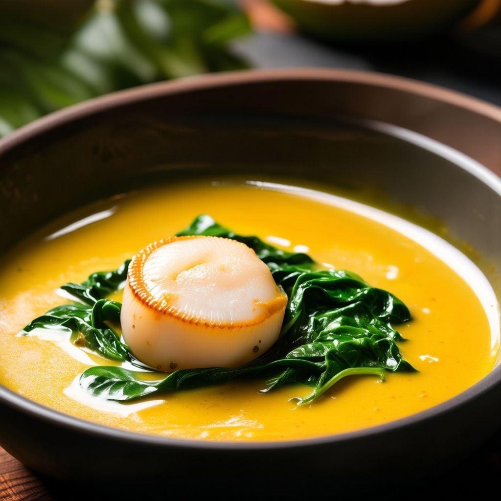 Poached Scallops in Creamy Kerala Coconut Broth Poached Scallops in Creamy Kerala Coconut Broth