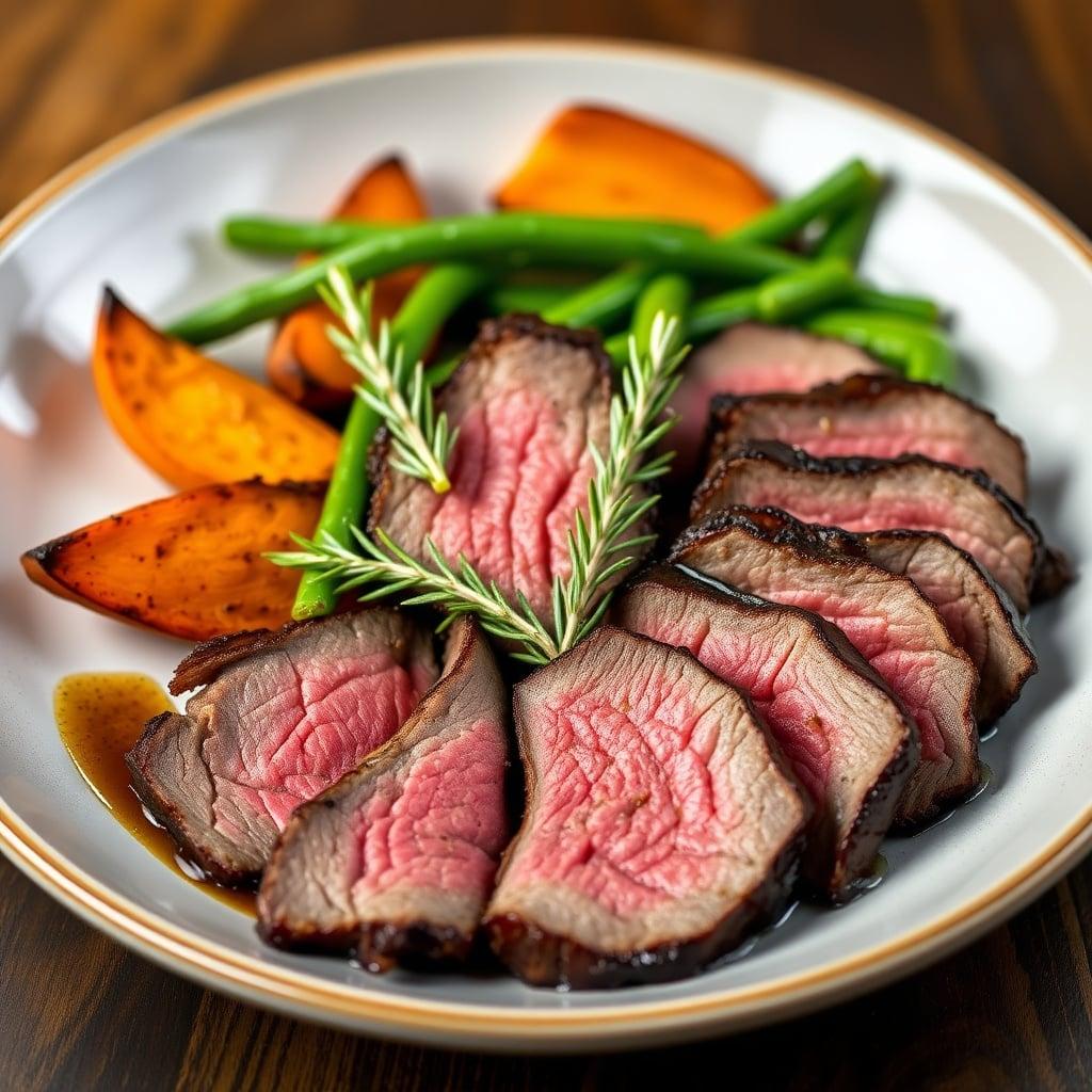 Cast-Iron Seared Flank Steak with Rosemary Sweet Potato Wedges and Garlic Green Beans