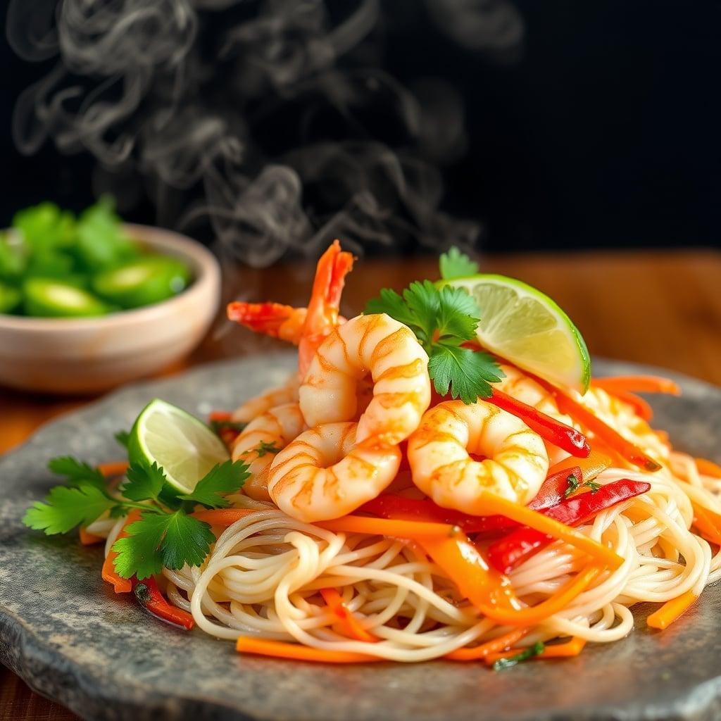 Zesty Umami Prawn Stir-Fry with Rice Noodles, Blistered Peppers, and Ribboned Carrots Zesty Umami Prawn Stir-Fry with Rice Noodles, Blistered Peppers, and Ribboned Carrots