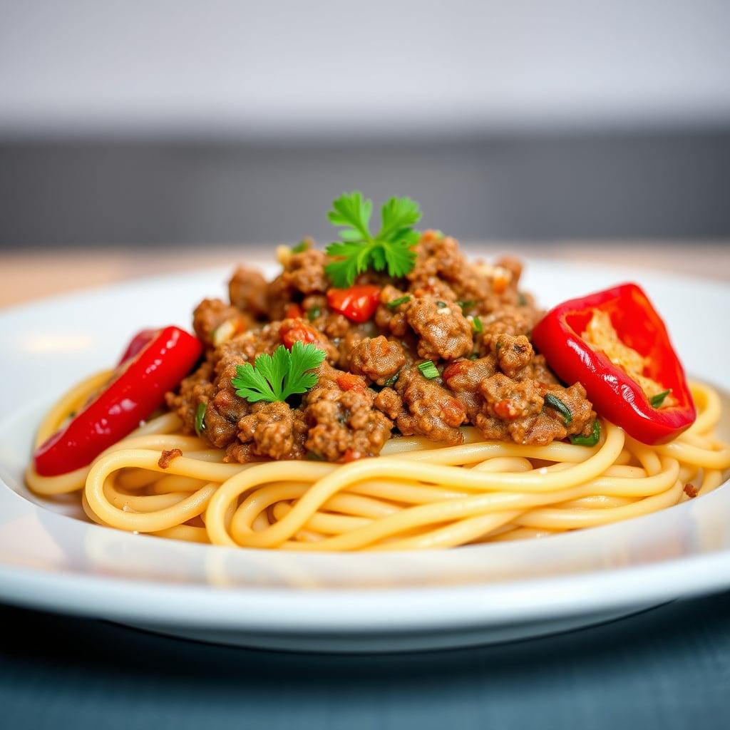 Rigatoni alla Campagnola with Ground Beef, Roasted Bell Peppers, and Fresh Parsley Rigatoni alla Campagnola with Ground Beef, Roasted Bell Peppers, and Fresh Parsley