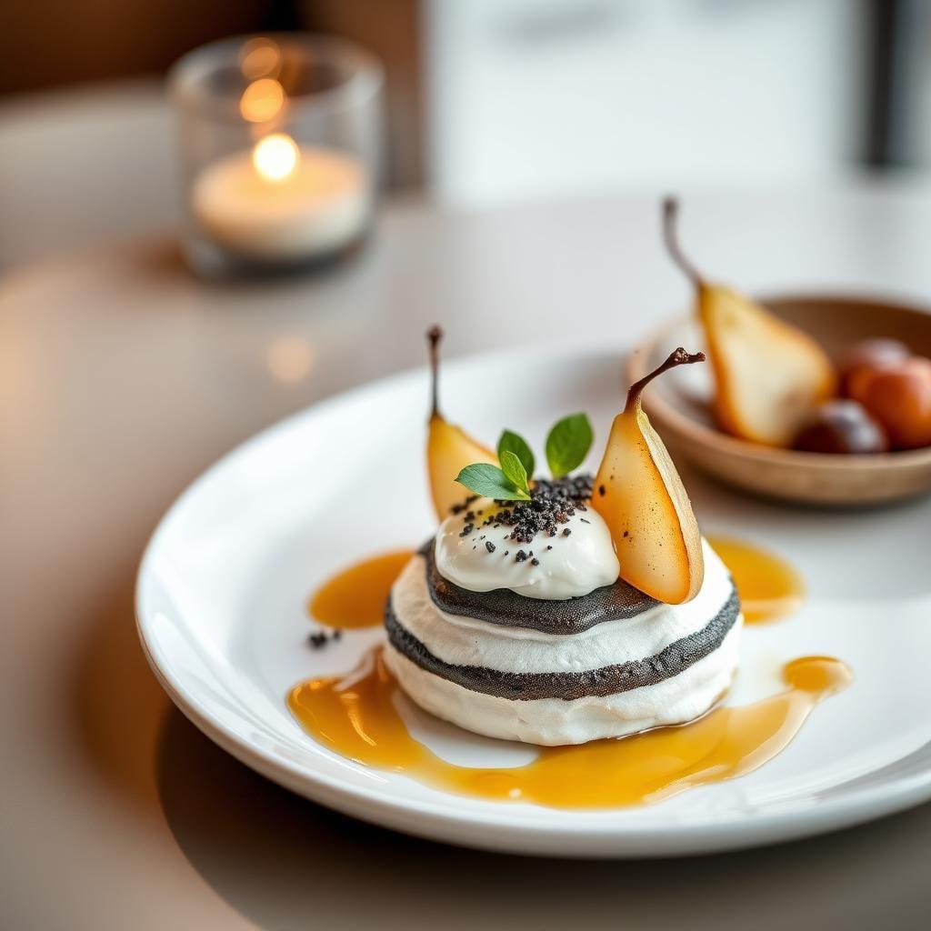 Black Sesame Pavlova with Cardamom-Poached Pears and Vanilla Bean Mascarpone