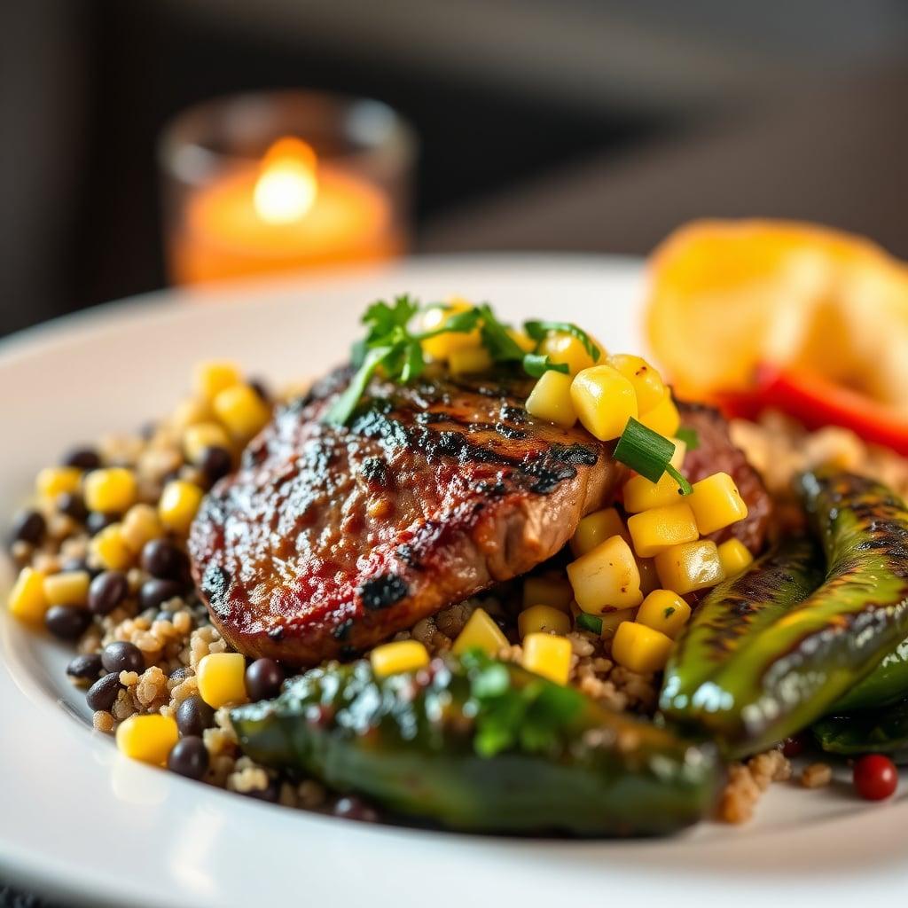 Ancho-Rubbed Flank Steak with Charred Corn Salsa, Black Bean-Quinoa Pilaf, and Lime-Grilled Poblanos