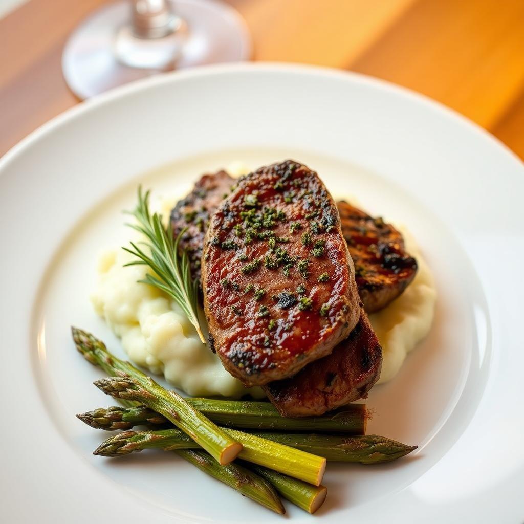 Herb-Crusted Ribeye Steak with Garlic Mashed Potatoes and Roasted Asparagus