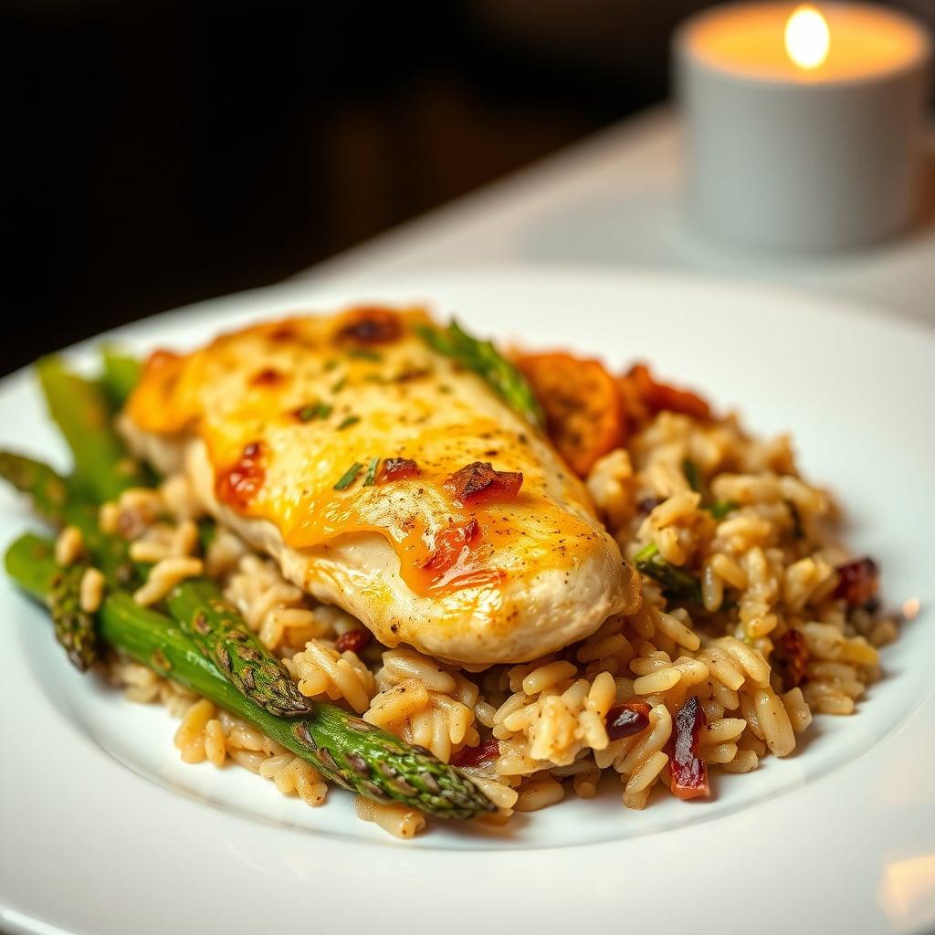 Baked Chicken and Wild Rice Casserole with Roasted Asparagus