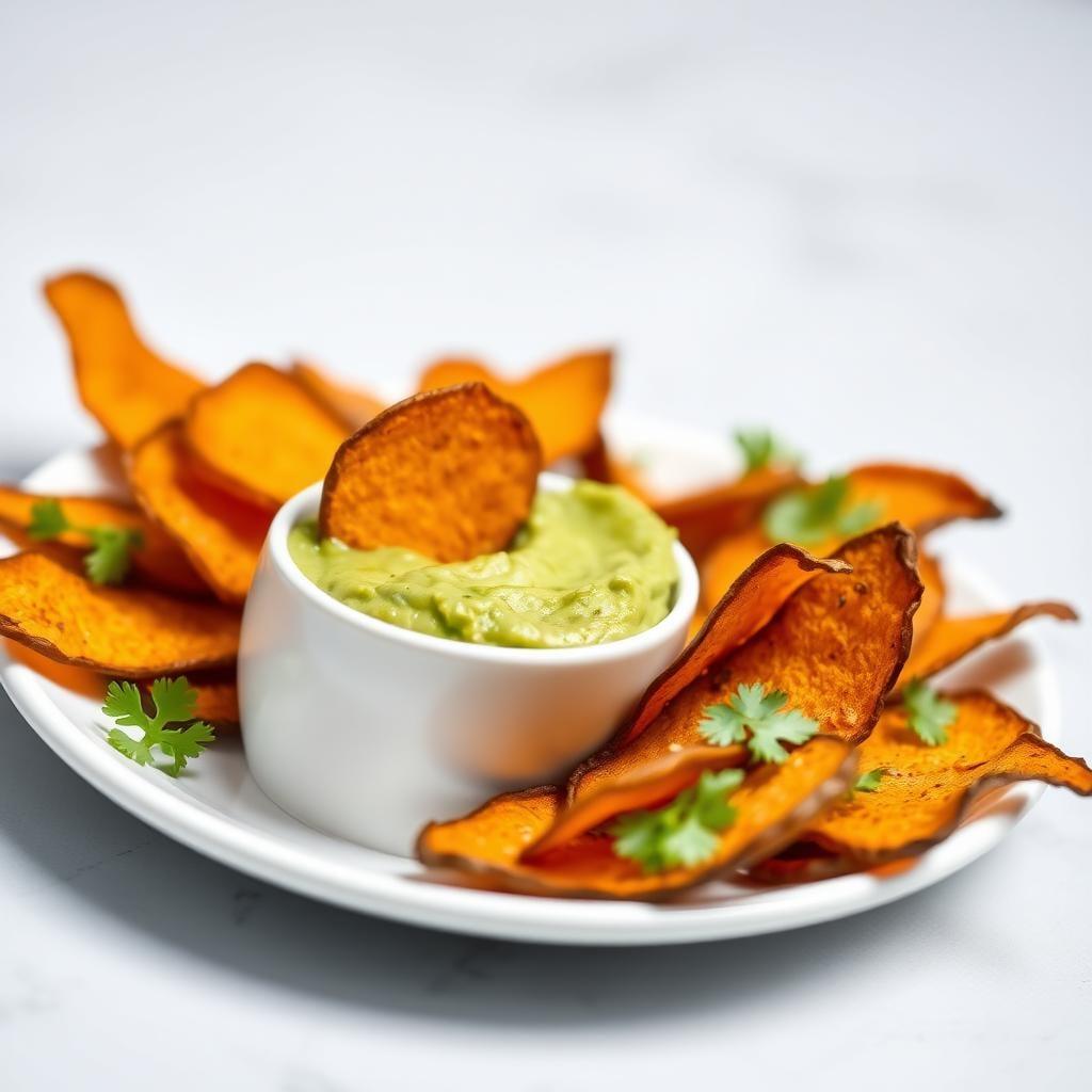 Baked Sweet Potato Chips with Avocado Dip