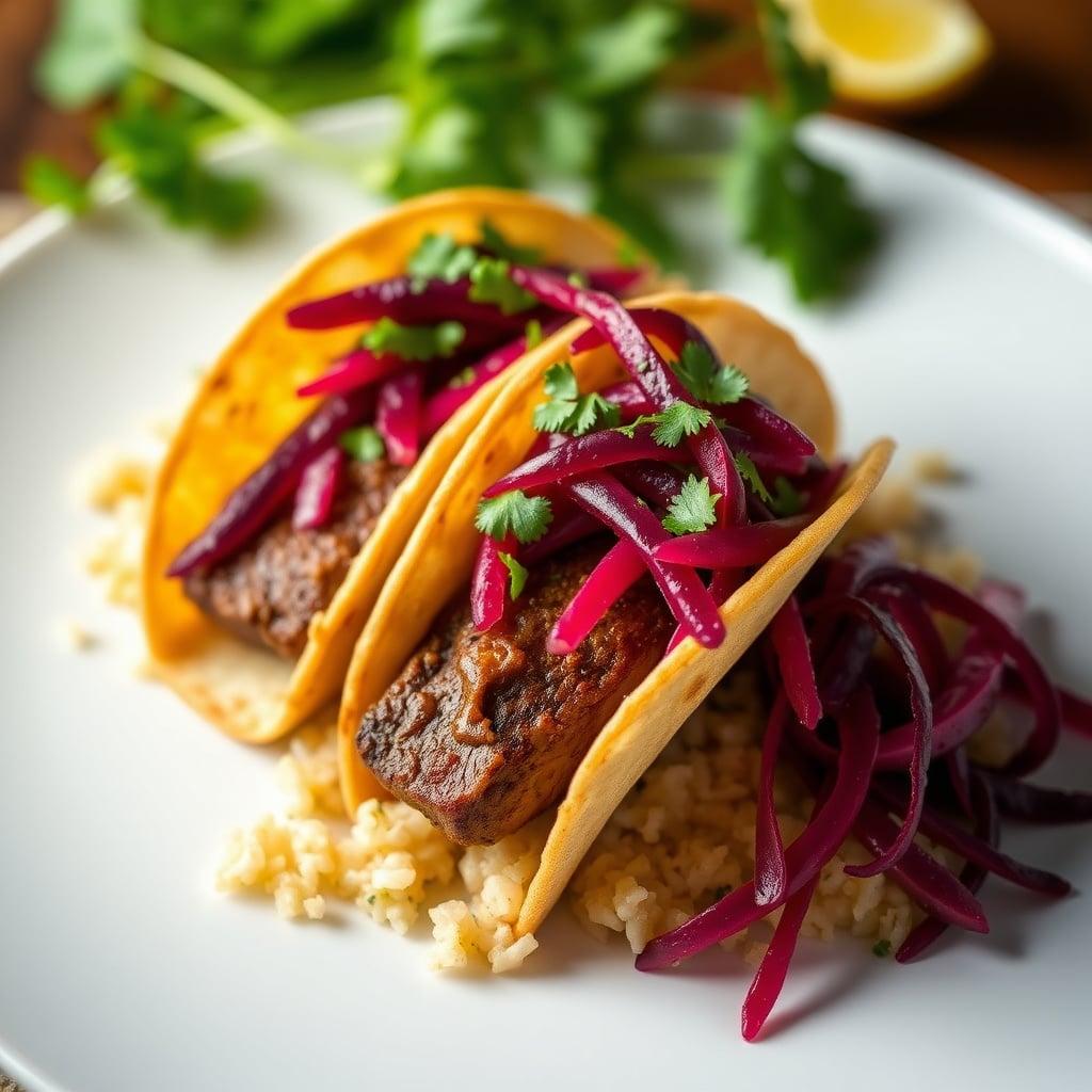 Cumin-Rubbed Flank Steak Tacos with Pickled Beet Slaw and Cilantro Rice
