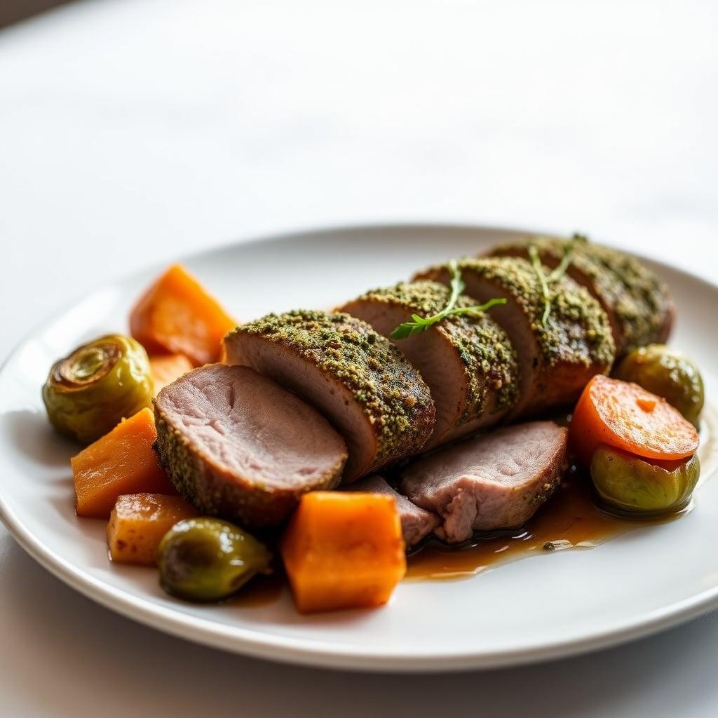 Herb-Crusted Pork Tenderloin with Roasted Sweet Potatoes and Brussels Sprouts Herb-Crusted Pork Tenderloin with Roasted Sweet Potatoes and Brussels Sprouts