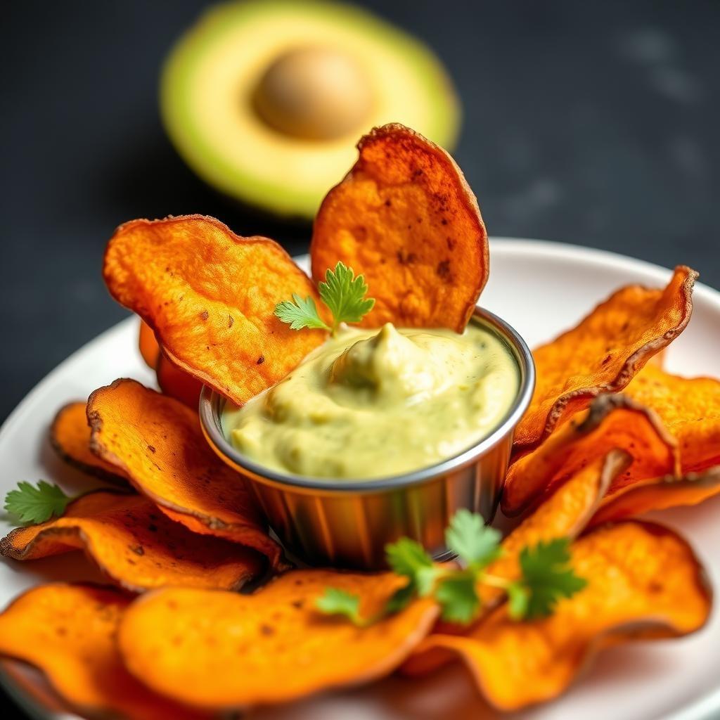 Baked Sweet Potato Chips with Avocado Dip Baked Sweet Potato Chips with Avocado Dip