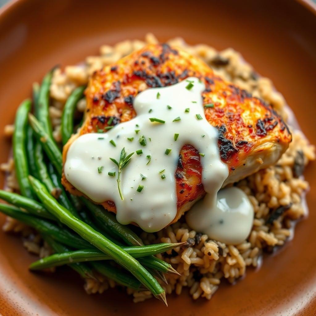 Pan-Seared Chicken Thighs with Tarragon-Cream Pan Sauce, Wild Rice Pilaf, and Lemon-Zested Haricots Verts