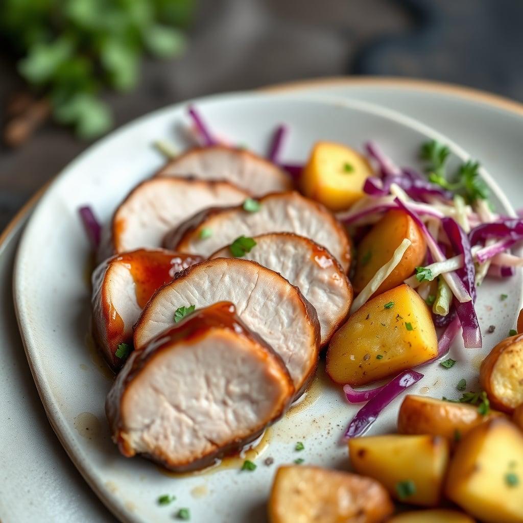 Bourbon and Brown Sugar Glazed Pork Tenderloin with Apple-Cabbage Slaw and Herb Roasted Potatoes