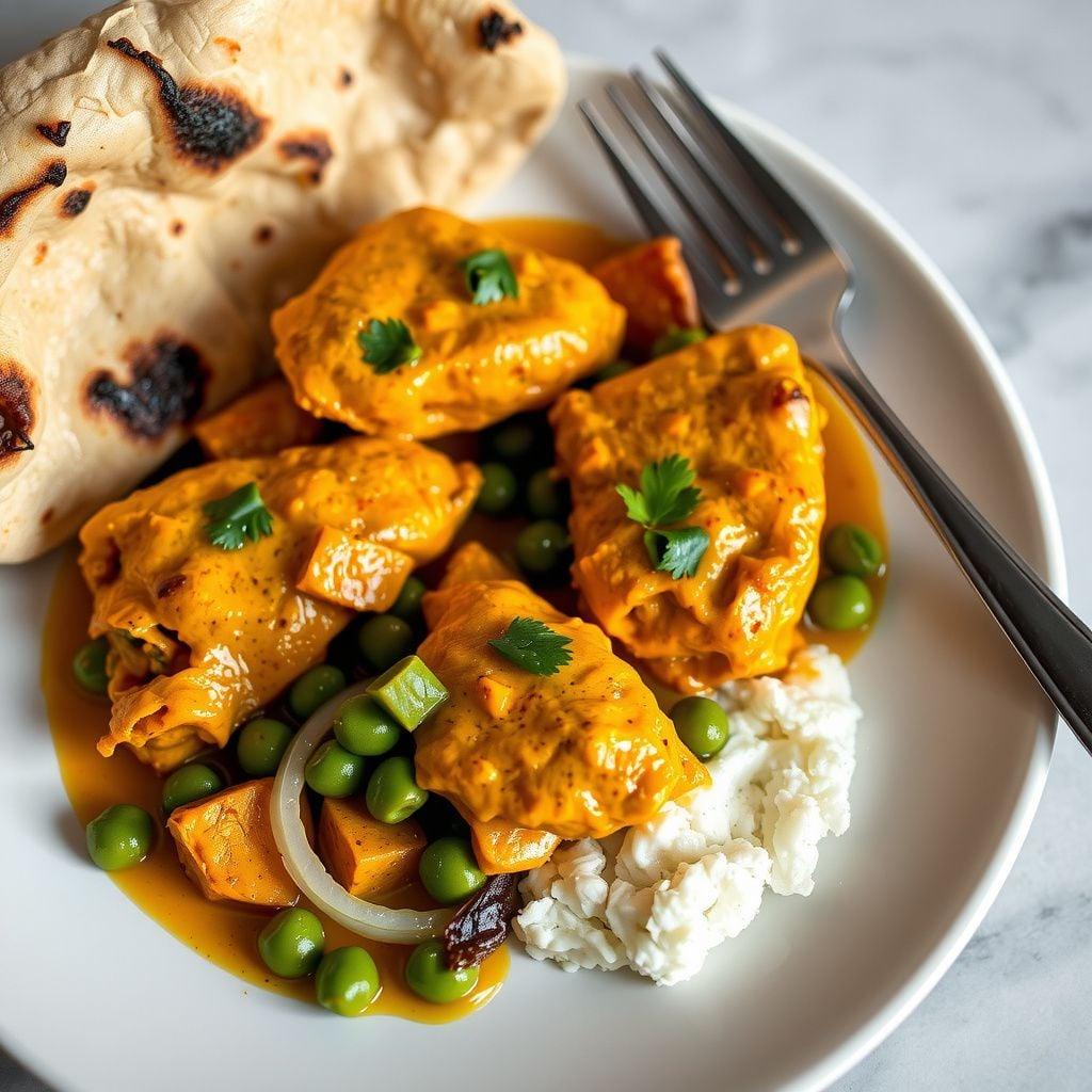 Quick Indian Butter Chicken with Green Peas and Warm Naan Quick Indian Butter Chicken with Green Peas and Warm Naan