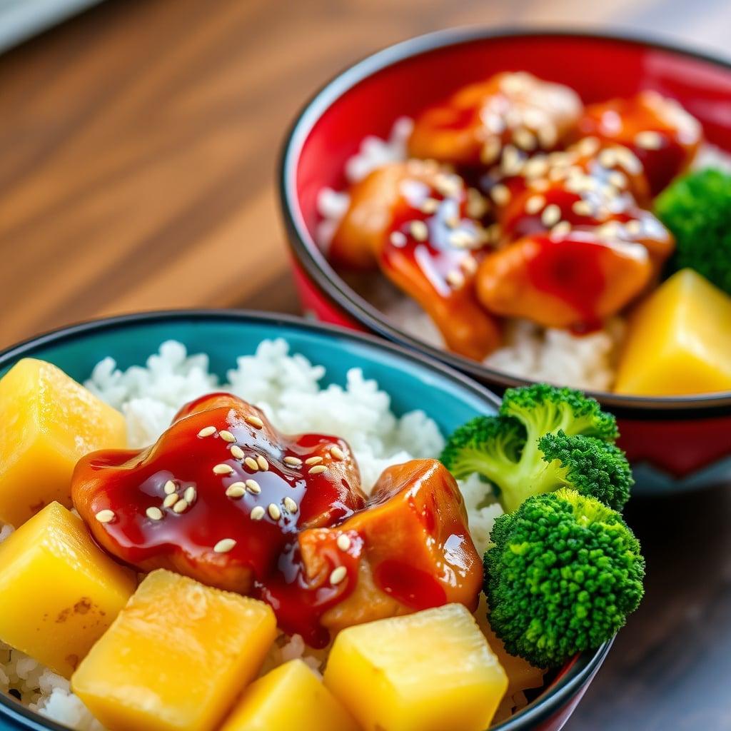 Teriyaki Chicken Rice Bowls with Pineapple and Steamed Broccoli Teriyaki Chicken Rice Bowls with Pineapple and Steamed Broccoli