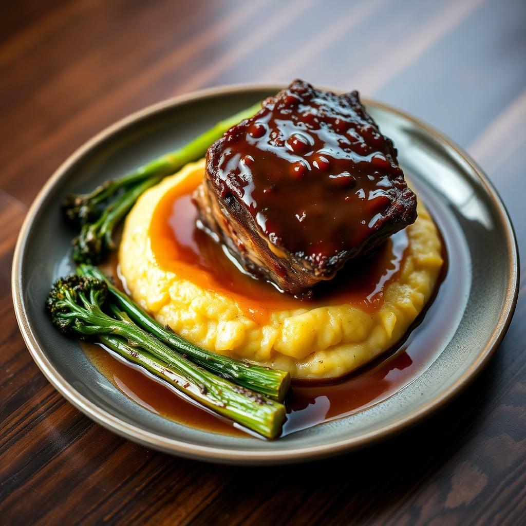 Braised Beef Short Ribs with Creamy Parmesan Polenta and Roasted Broccolini