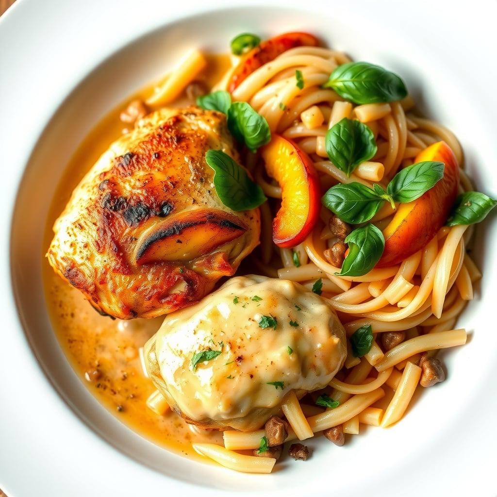 Pan-Seared Chicken Thighs with Peach-Basil Sauce and Summer Orzo Salad