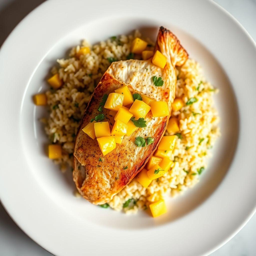 Coconut-Lime Baked Fish with Mango Salsa and Cilantro Rice Coconut-Lime Baked Fish with Mango Salsa and Cilantro Rice