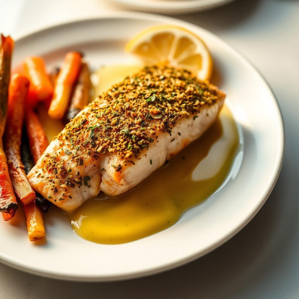 Herb-Crusted Salmon with Lemon Butter Sauce and Roasted Vegetables Herb-Crusted Salmon with Lemon Butter Sauce and Roasted Vegetables