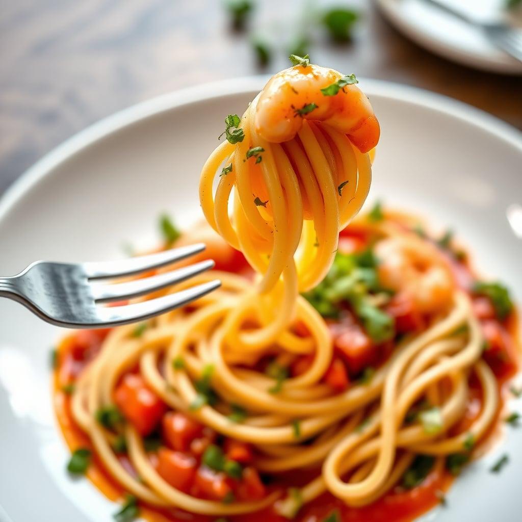 Garlic-Butter Prawn Linguine with Roasted Red Pepper Sauce and Herb Salad Garlic-Butter Prawn Linguine with Roasted Red Pepper Sauce and Herb Salad
