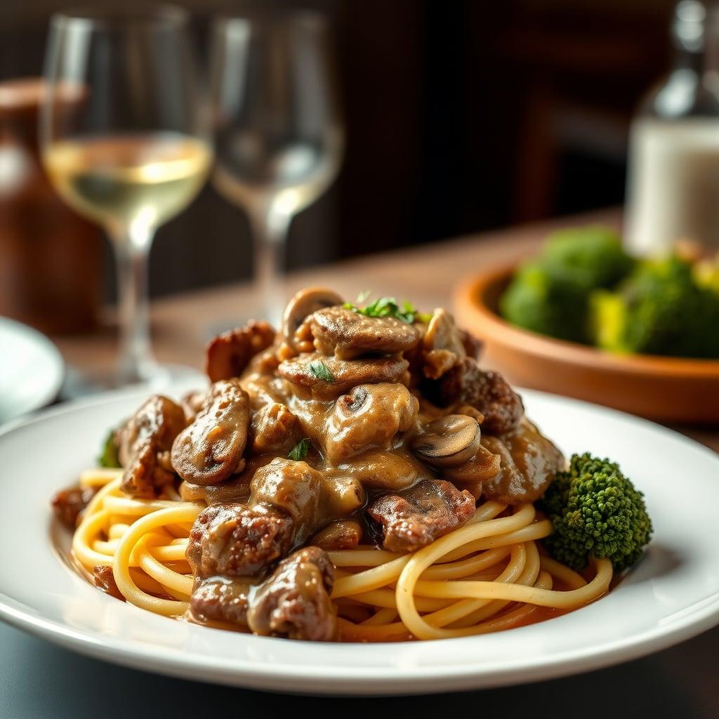 Beef and Mushroom Stroganoff with Buttered Egg Noodles and Roasted Broccoli