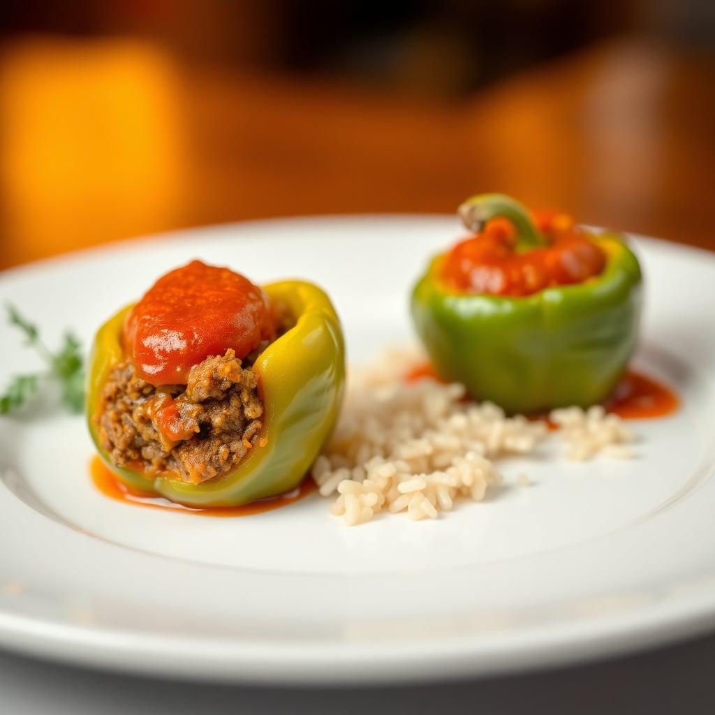 Stuffed Bell Peppers with Spiced Ground Beef, Rice and Tomato Sauce Stuffed Bell Peppers with Spiced Ground Beef, Rice and Tomato Sauce